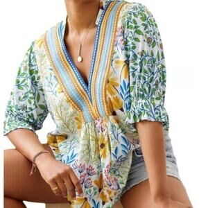 BL-NK London Anthropologie Stephanie Floral Embroidered Blouse size S multi boho